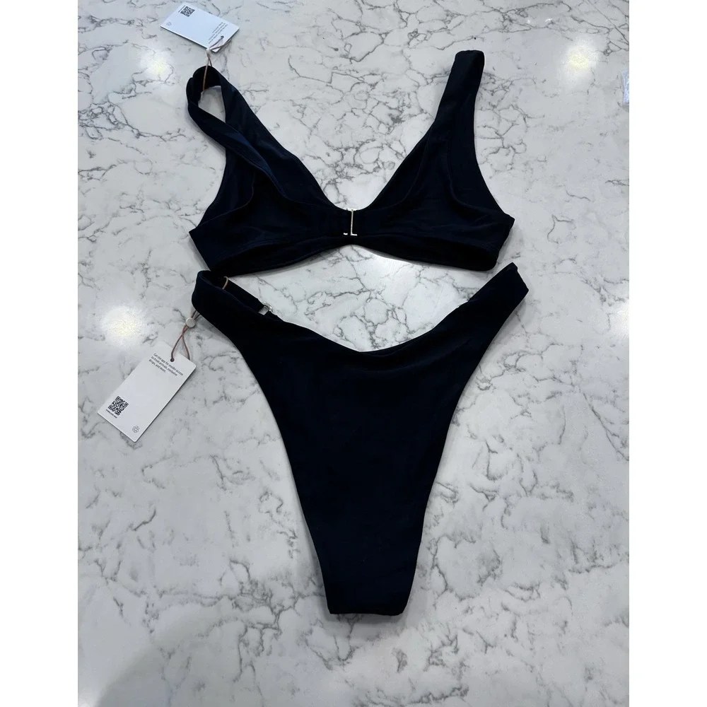 NWT Quince Black Italian Plunge Bikini Top & High-Leg Ring Bikini Bottom Set Med